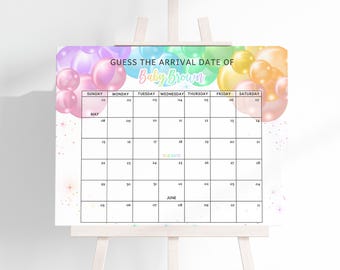 Puede incluir: Un juego de baby shower imprimible con un calendario para que los invitados adivinen la fecha de llegada del bebé. El calendario está decorado con globos pastel y el texto "Adivina la fecha de llegada de Baby Brown".