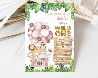May include: A pink and brown safari-themed first birthday party invitation with a cartoon jeep carrying animals. The invitation says "Calling All Party Animals! Amelia is turning a WILD ONE" and includes the date, time, and location of the party.