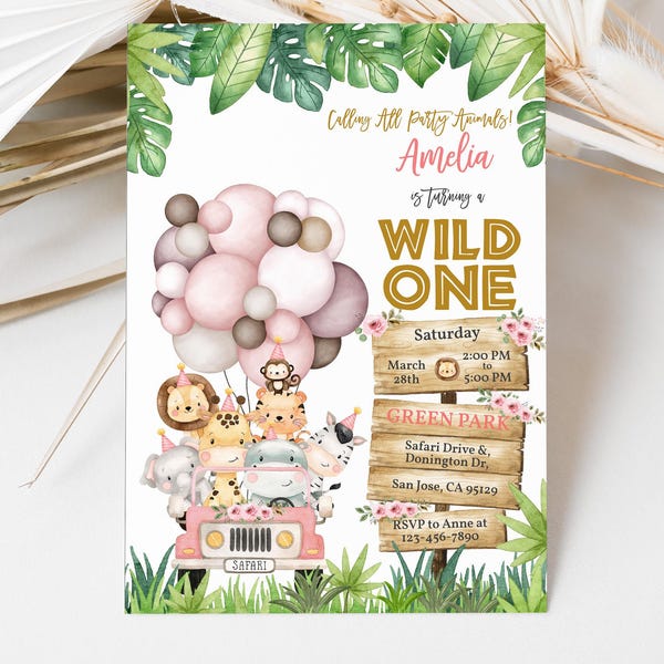 Safari Birthday Invitation Wild One Girl 1st Birthday Invite Jungle Zoo Party Animals Tropical Green Gold Pink Balloons EDITABLE BT96P