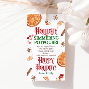 May include: A white gift tag with the text "HOLIDAY SIMMERING POTPOURRI" in red and green. The tag features watercolor illustrations of orange slices, star anise, cinnamon sticks, and berries. Instructions are included.