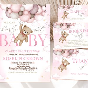 Teddybeer babyshower uitnodigingsbundel We kunnen het niet lang wachten meisje babyshower uitnodigingsset roze heteluchtballonnen Boho kaart Suite BEWERKBARE BS21P