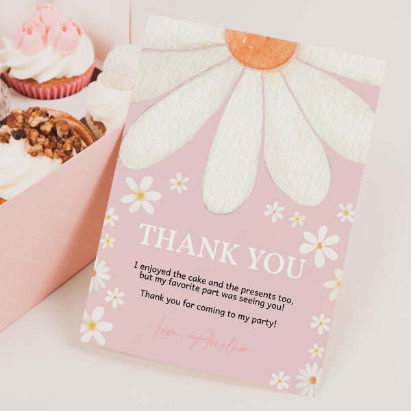 Daisy Baby Shower Thank You Card Daisy 1st Birthday Party Thank You Note Boho Floral Daisies Pink Purple Wild Flower EDITABLE BS40P BT84P