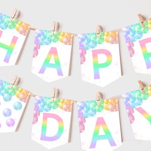 Pastel Rainbow Birthday Banner Colorful Balloon Arch Birthday Party Decor Watercolor Pink Purple Glitter Bunting Flag EDITABLE Garland AT22P