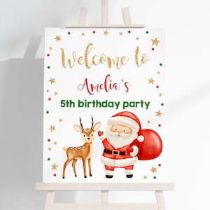 Placa de boas-vindas de Natal e Aniversário, pôster de boas-vindas de inverno, decoração de festa de aniversário infantil para meninos e meninas, placa de Papai Noel para varanda e quintal EDITÁVEL BT04