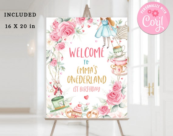 Alice in Wonderland Backdrop, Alice in Onederland Decorations, Onederland  Girl Pink 1st Birthday Party, 1st Mad Tea Party Banner, PRINTED