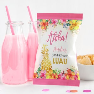 Geburtstag Chipstüte Luau Label Mädchen 1. Geburtstag Dekor Hawaiianische Tropische Sommerparty Snack Leckereien Tasche Aloha Gold Ananas Printable AT02P