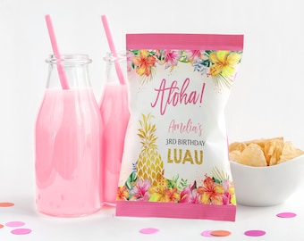 May include: Pink and white chip bag with a tropical floral design. The bag says "Aloha! Amelia's 3rd Birthday Luau" in gold glitter lettering.