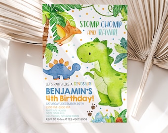 Dinosaur Birthday Invitation Cute Dino Birthday Party Invite T-Rex Jungle Animals Wild Stomp Chomp Roar Jurassic Prehistoric EDITABLE BT16B