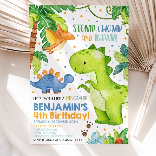 Dinosaur Birthday Invitation Boy 1st First Birthday Dino Party Invite Jungle Animals Wild Stomp Chomp Roar Rawr Prehistoric EDITABLE BT16B