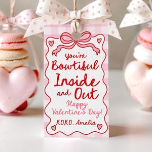 May include: Clear glass ornaments filled with macarons and heart-shaped candies, tied with pink and white polka dot bows. A pink tag reads "you're Bowtiful Inside and Out Happy Valentine's Day! XOXO. Amelia."
