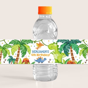 Etiqueta para botella de agua de cumpleaños de dinosaurio, decoración para el primer cumpleaños de niño, etiqueta para bebida de fiesta de dinosaurios, animales de la jungla, pisotón salvaje, rugido, Rawr, imprimible BT16B