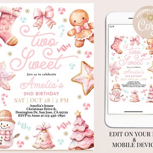 May include: Pink and gold printable invitation for a girl's second birthday party. The invitation features a gingerbread girl, a snowman, and a Christmas tree. The text on the invitation reads "Two Sweet Amelia's 2nd Birthday SAT | OCT 28 | 2 PM Amelia's house Christmas Drive & Donington Dr, San Jose, CA 95129 RSVP to Anne at 123-456-7890".