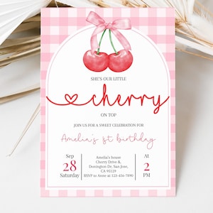 Może przedstawiać: Różowe i białe zaproszenie w kratkę z ilustracją czerwonej wiśni. Tekst brzmi "She's our little cherry on top. Join us for a sweet celebration for Amelia's 1st birthday. Sep 28 Saturday. At 2 PM. Amelia's house Cherry Drive & Donington Dr. San Jose, CA 95129. RSVP to Anne at 123-456-7890"