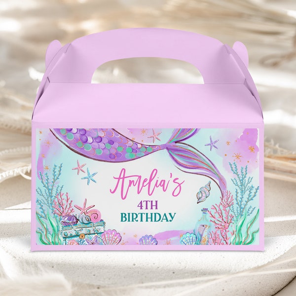 Mermaid Gable Box Labels Under The Sea Party Favors Girl Birthday Whimsical Tail Gift Treat Box Thank you Stickers EDITABLE Template BT48