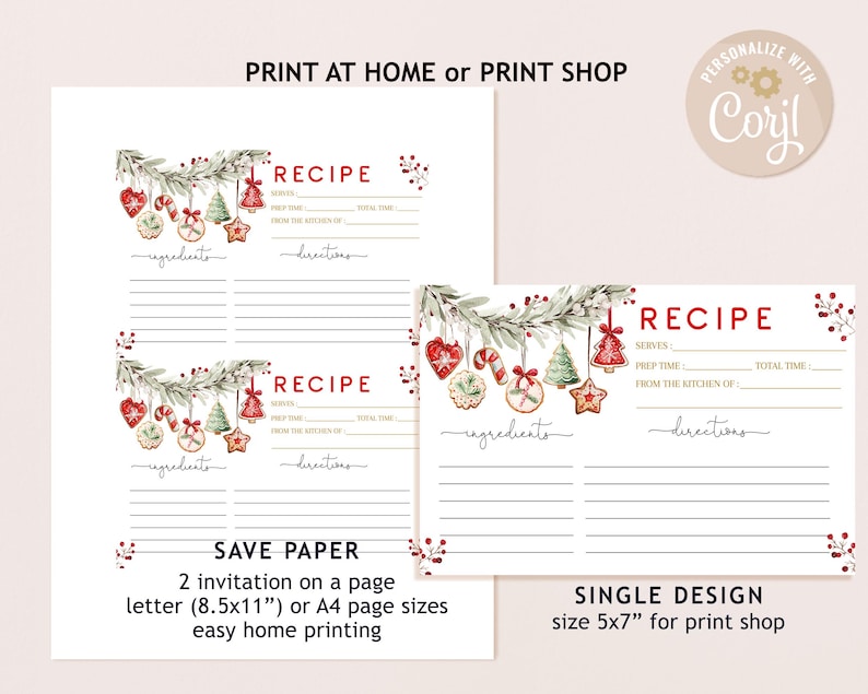 May include: White recipe cards with watercolor illustrations of Christmas cookies, candy canes, and ornaments. The cards have space for ingredients and directions. Text on the cards reads "Recipe".