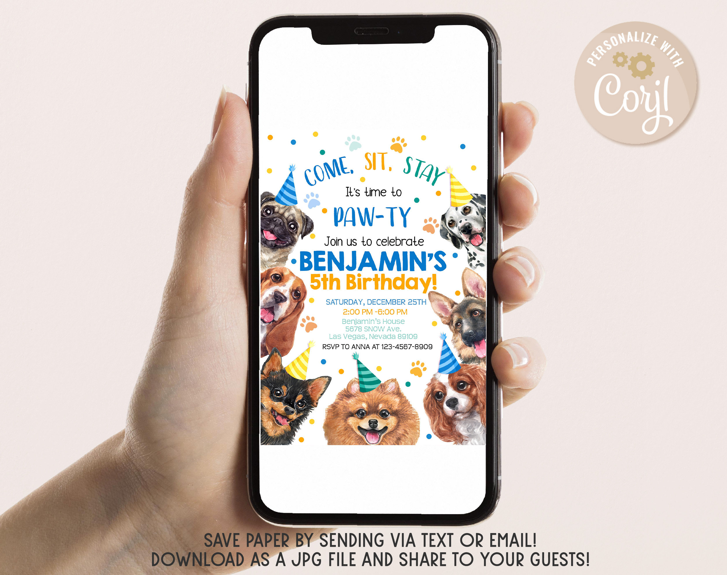 Dog Birthday Invitation Boy 1st First Birthday Party Invite Blue Puppy ...