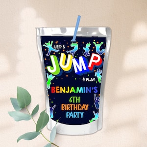 Sprung Juice Beutel Etiketten Trampolin Kinder Jungen Geburtstag Party Favors Neon Glow Hüpfen Dekor Haus Tanz Drink Label Printable Vorlage BTD034