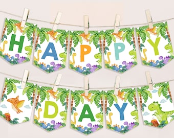 Dinosaur Birthday Banner Boy 1st Birthday Decor Cute Dino Party Bunting Flag Jungle Animals Wild Stomp Chomp Roar Garland Printable BT16B