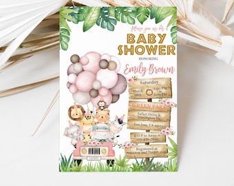 May include: A baby shower invitation with a jungle theme. The invitation features a pink and brown safari jeep with animal passengers, pink and brown balloons, and a wooden sign with the text "Green Park, Safari Drive & Donington Dr., San Jose, CA 95129". The invitation also includes the text "Please join us for a Baby Shower Honoring Emily Brown, Saturday, March 28th, 2:00 PM to 5:00 PM, RSVP to Anne at 123-456-7890, Registered at Amazon and Target.com".