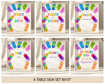 Popsicle Birthday Table Sign Set, Ice Cream Summer Baby shower Poster Bundle, She's Ready to Pop on Over Party Decor EDITABLE BS58P BT79P