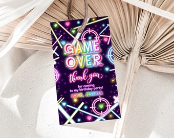 Etiquetas de regalo para Laser Tag para niñas gamers, etiquetas de regalo de cumpleaños para niños, etiquetas para fiestas, neón, brillo rosa, arcoíris, juego arcade, etiquetas de agradecimiento imprimibles BT63P