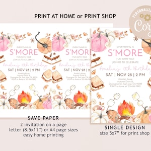Puede incluir: Una plantilla de invitaci&oacute;n de cumplea&ntilde;os digital con ilustraciones en acuarela de calabazas rosas y naranjas, s'mores y una fogata. El texto dice: EVERYTHING IS S'MORE FUN WITH YOU! JOIN US TO CELEBRATE Amelia's 10th Birthday SAT | NOV 28 | 2 PM.