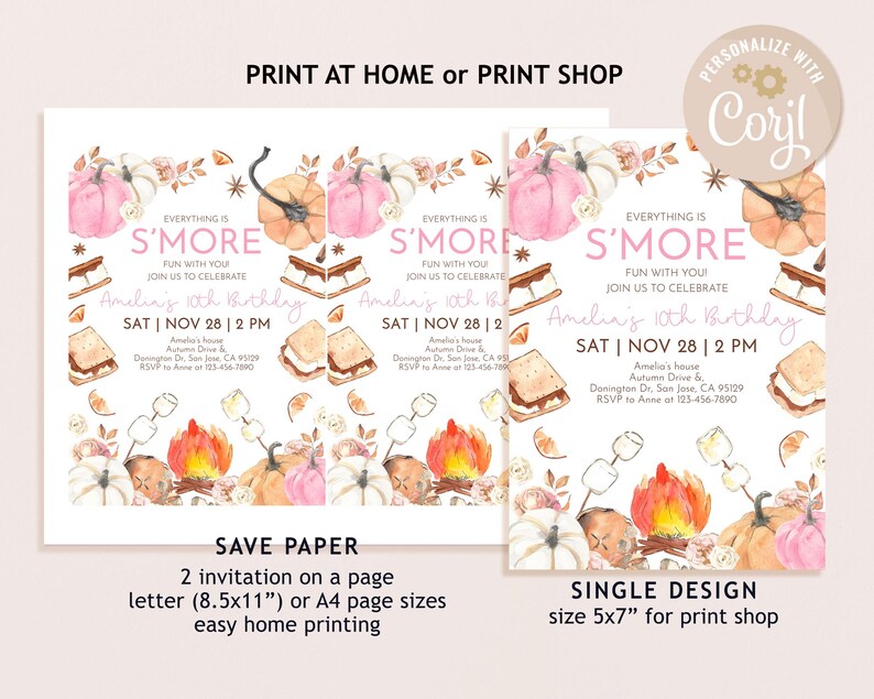 Puede incluir: Una plantilla de invitaci&oacute;n de cumplea&ntilde;os digital con ilustraciones en acuarela de calabazas rosas y naranjas, s'mores y una fogata. El texto dice: EVERYTHING IS S'MORE FUN WITH YOU! JOIN US TO CELEBRATE Amelia's 10th Birthday SAT | NOV 28 | 2 PM.