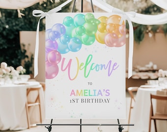 Pastell Regenbogen Geburtstag Willkommensschild Bunt Ballon Bogen 1st Birthday Party Deko Aquarell Rosa Lila Poster Veranda EDITIERBAR AT22P