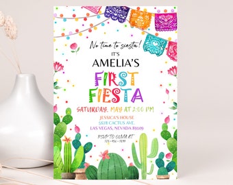 First Fiesta Birthday Invitation Cinco De Mayo 1st Birthday Party Invite Mexican Cactus Succulent Desert Flowers Floral EDITABLE BT54W