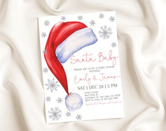 Santa Baby Shower Invitation, Silver Snowflakes Invite, Christmas Santa Hat Red, Winter Wonderland Holiday Party, EDITABLE AS72R