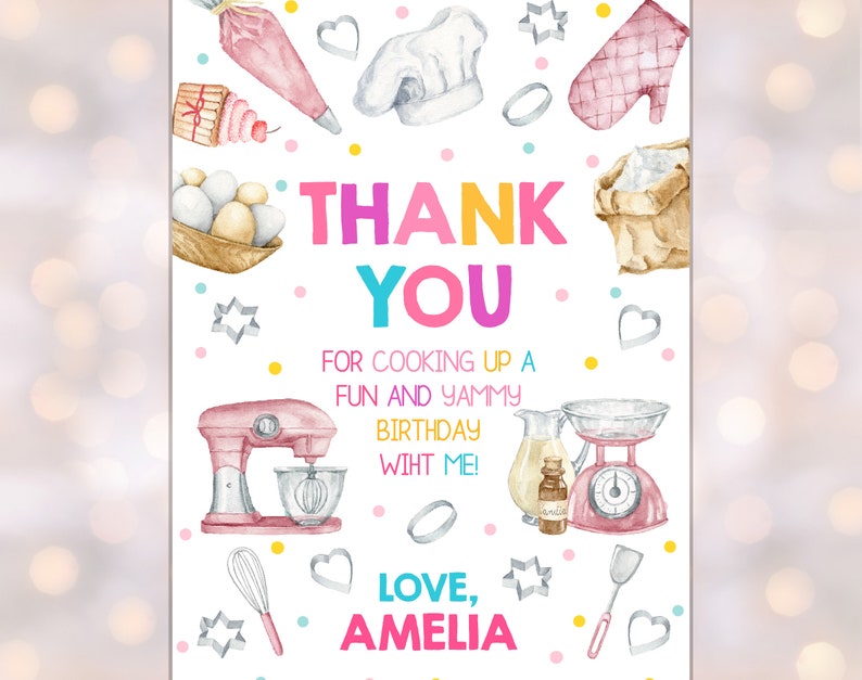 Baking Birthday Thank You Card Girl Chef Pink Cooking Party Thank You ...