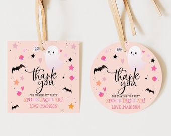 Halloween-babyshoweretiketter Spöklik födelsedagspresentetiketter Hej Bu tacketiketter Spöklik fest Rosa spöke utskrivbara BS60P AT08P