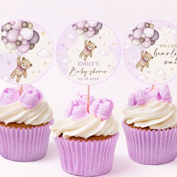 Teddy Bear Baby Shower Cupcake Toppers Boho Purple Hot Air Balloons Decor Lavender Pampas Grass Dessert Labels EDITABLE Template BS21V