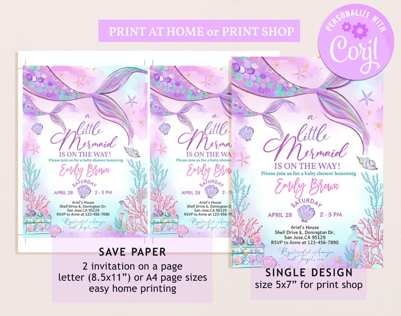 Inbjudningspaket för sjöjungfrubabyshower under havet Inbjudningsset Lilla sjöjungfrun Rosa lila kricka Nyckfullt hav Havsströssel REDIGERBART BS37V bild 3