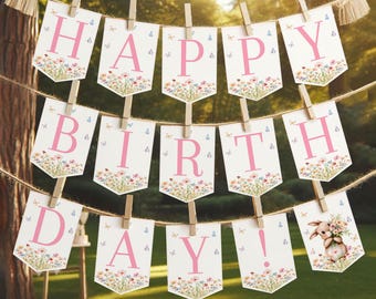 Some Bunny Birthday Banner Wildflower Butterfly Bunting Flag Spring Flowers Pink Purple Floral Party Decor Easter Garland EDITABLE AT72P