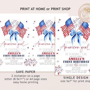 May include: A birthday invitation with a patriotic theme. The design includes American flags, a blue bow, and fireworks. The text reads "Our American girl is turning one" and the party details.
