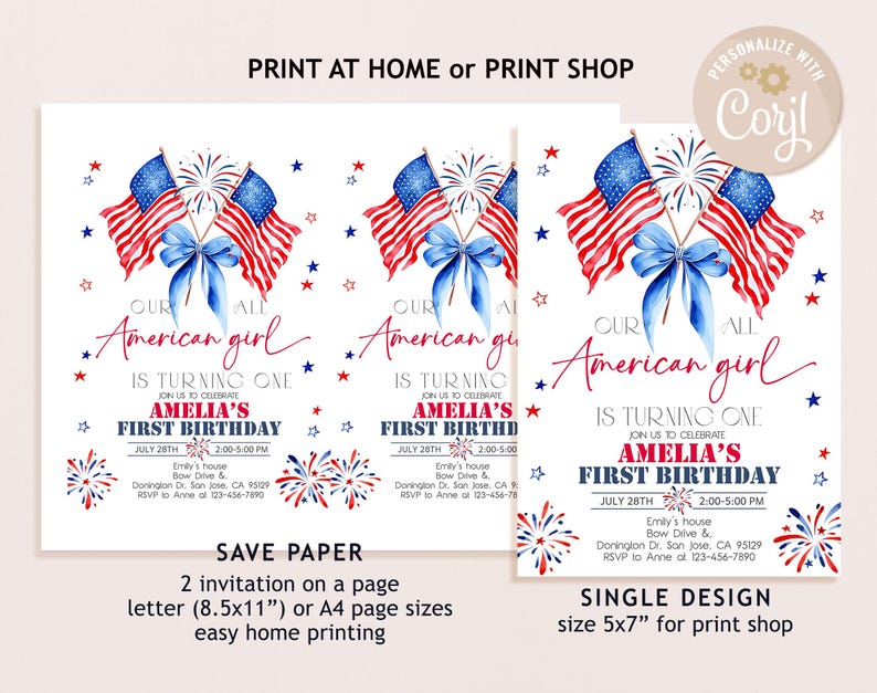 May include: A birthday invitation with a patriotic theme. The design includes American flags, a blue bow, and fireworks. The text reads "Our American girl is turning one" and the party details.