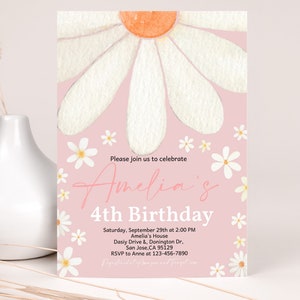 Faire-part d'anniversaire marguerite fille 1er anniversaire fête inviter des années 70 groovy bohème rétro floral marguerites sauvage une fleur pourpre rose MODIFIABLE BT84P