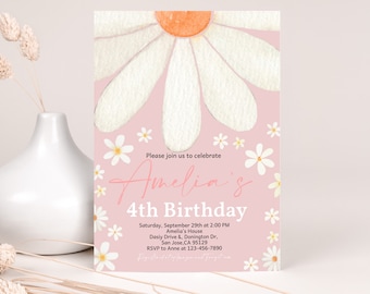 Daisy Birthday Invitation Any Age, Pink Wild Flower Invite, Retro Groovy Floral, Girl Wildflower Party, Watercolor Daisies EDITABLE BT84P