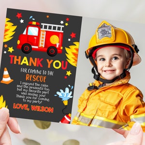 Camion de pompier photo carte de remerciement garçon 1er anniversaire Party Favors pompier pompier Remerciement note camion de pompier service d'incendie imprimable BT02K