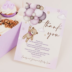 Tarjetas de agradecimiento con osito de peluche, hierba de pampa morada, notas de agradecimiento para baby shower, primer cumpleaños, plantilla imprimible bohemia de otoño para niño BS21V BT81V