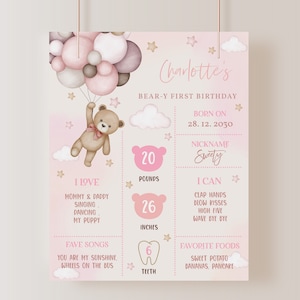 Póster de hito de osito de peluche, letrero de primer cumpleaños de osito, tablero de hierba de pampa boho, globos aerostáticos, plantilla de pizarra editable rosa BT81P