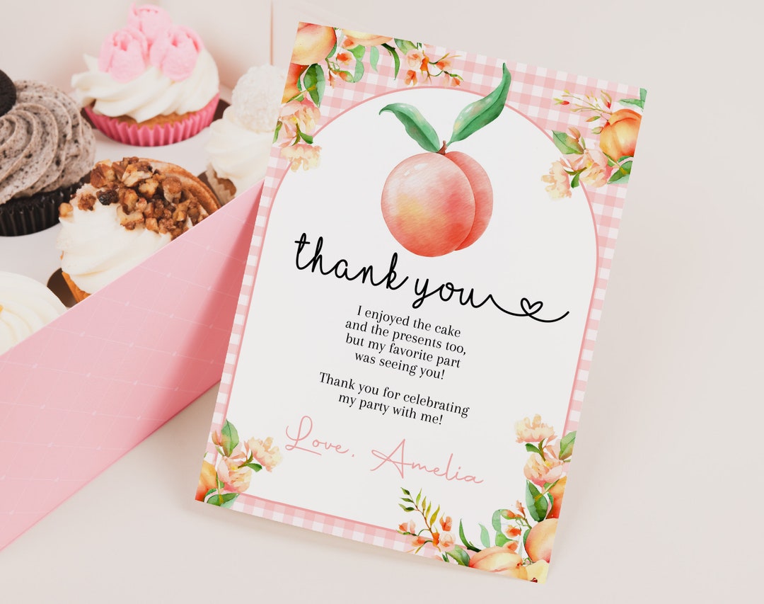 Peach Birthday Thank You Card ONE Sweet as A Peach Baby Shower Thank ...