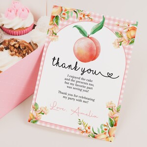 Biglietto di ringraziamento per il compleanno di Peach ONE Sweet As A Peach Baby Shower Biglietto di ringraziamento per bambina Decorazione per festa estiva floreale in oro rosa MODIFICABILE BS56 AT05