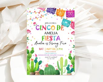 Cinco De Mayo Fiesta Einladung Mexikanische Geburtstagsfeier einladen Kaktus Sukkulente Wüstenblumen Blumen Bunt Fiesta Spanisch EDITIERBARE BT54W