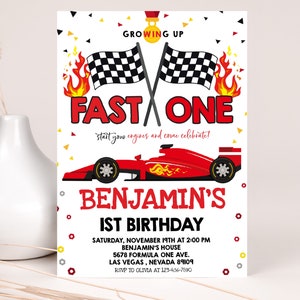 May include: A red and white birthday invitation with a chequered flag, flames, and a red race car. The text reads "Growing Up Fast One" and "Start your engines and come celebrate!"  Benjamin's 1st Birthday. Saturday, November 19th at 2:00 PM. Benjamin's House. 5678 Formula One Ave. Las Vegas, Nevada 89109. RSVP to Olivia at 123-456-7890.