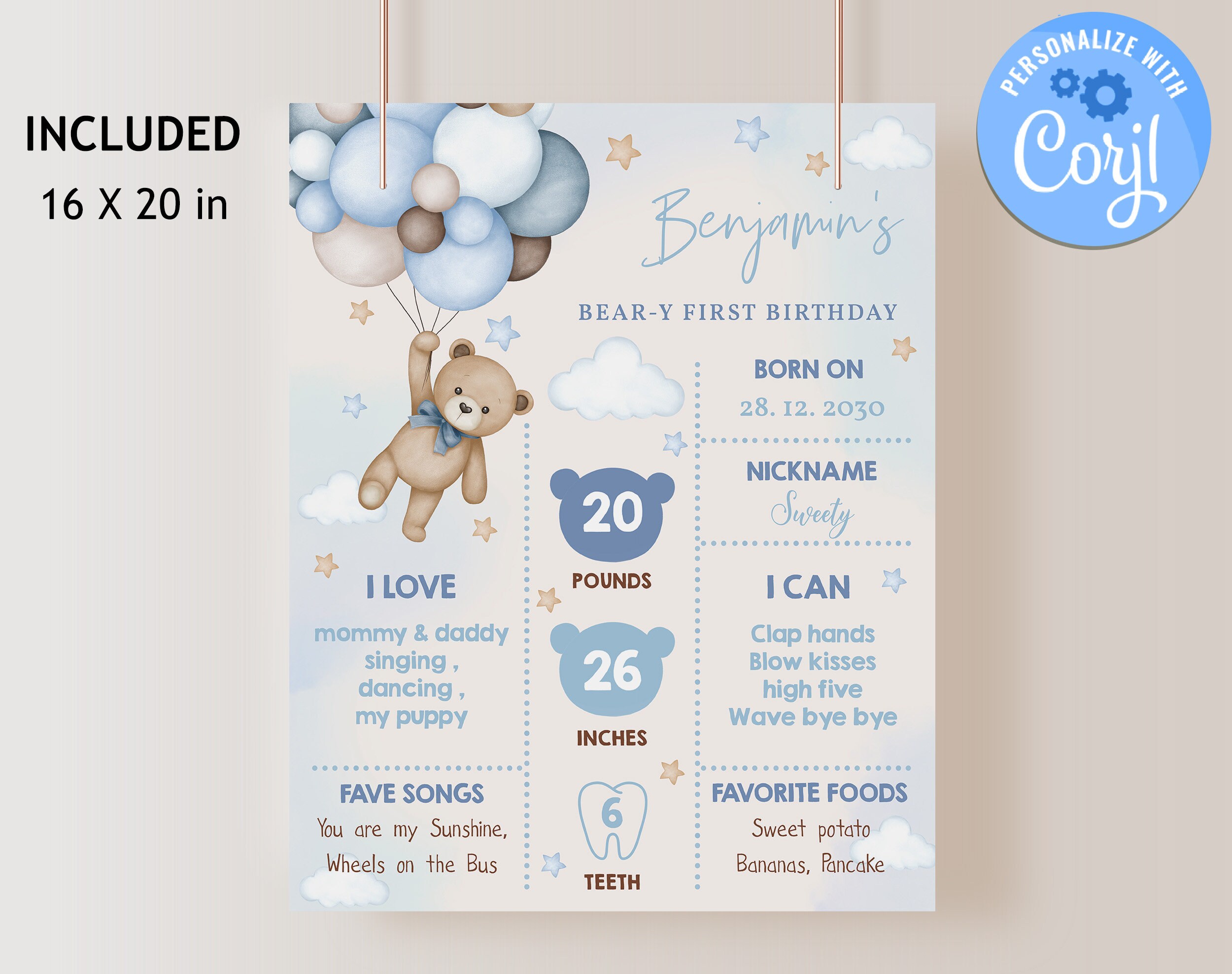 Teddy Bear Milestone Board Sign Poster Beary First Boy Birthday Party ...