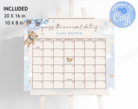 Teddy Bear Baby Shower Baby Due Date Calendar Game Guess Baby's Birthday  Party Decor Boho Blue Pampas Grass Printable Sign Template BS21B - Etsy