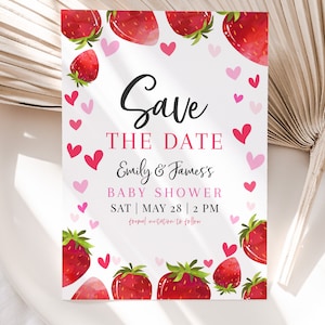 Erdbeere Save The Date Card Girl-Baby Shower Party Decor Beere süß Gender Neutral Sommer Obst rosa rot Baby Sprinkle Printable BS16P