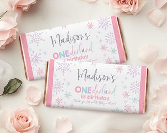 Chokladpapper för snöflingor, vinterunderlandet, festgåva, rosa lila vinterunderland snögodisbar etikett utskrivbar BT30P